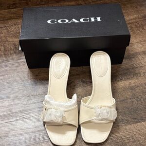 COACH Margo Cream Chalk Leather Slide Mules Sandals NEW Gold Buckle Kitten heel